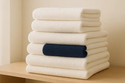 Serviettes de bain éponge coton empilées, gamme grossiste