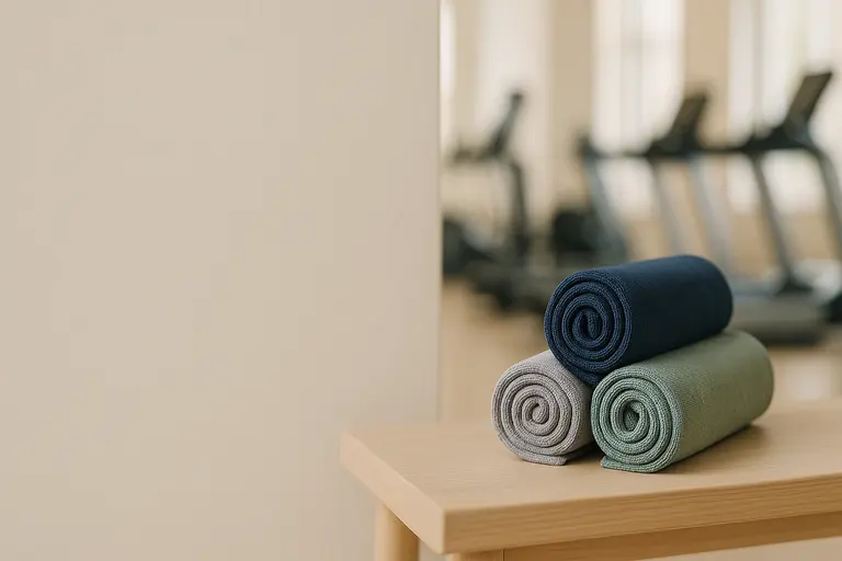Serviettes microfibre roulées sur un banc dans une salle de sport