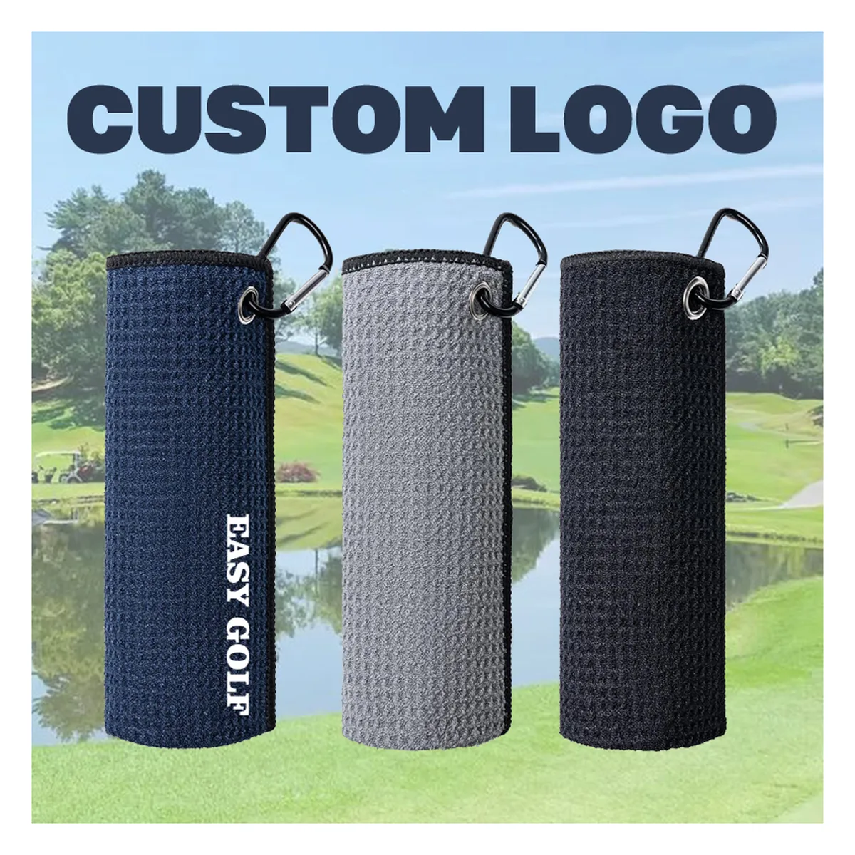 Serviette de golf pliable à mousqueton, 6 formats