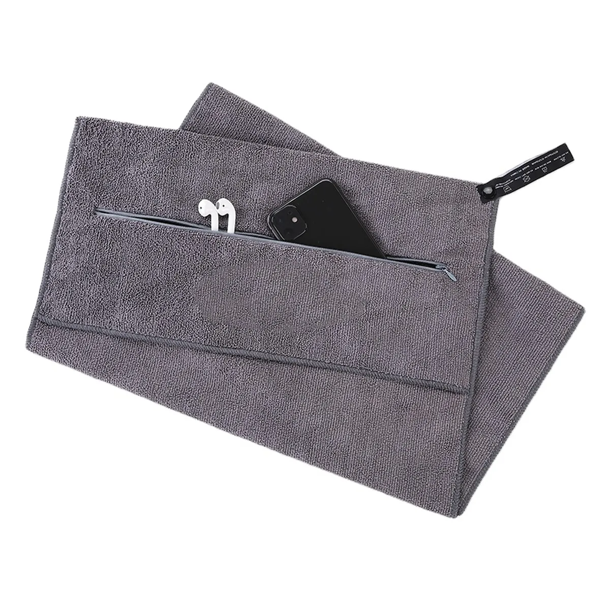 Serviette de sport à poche zippée brodée, 4 formats